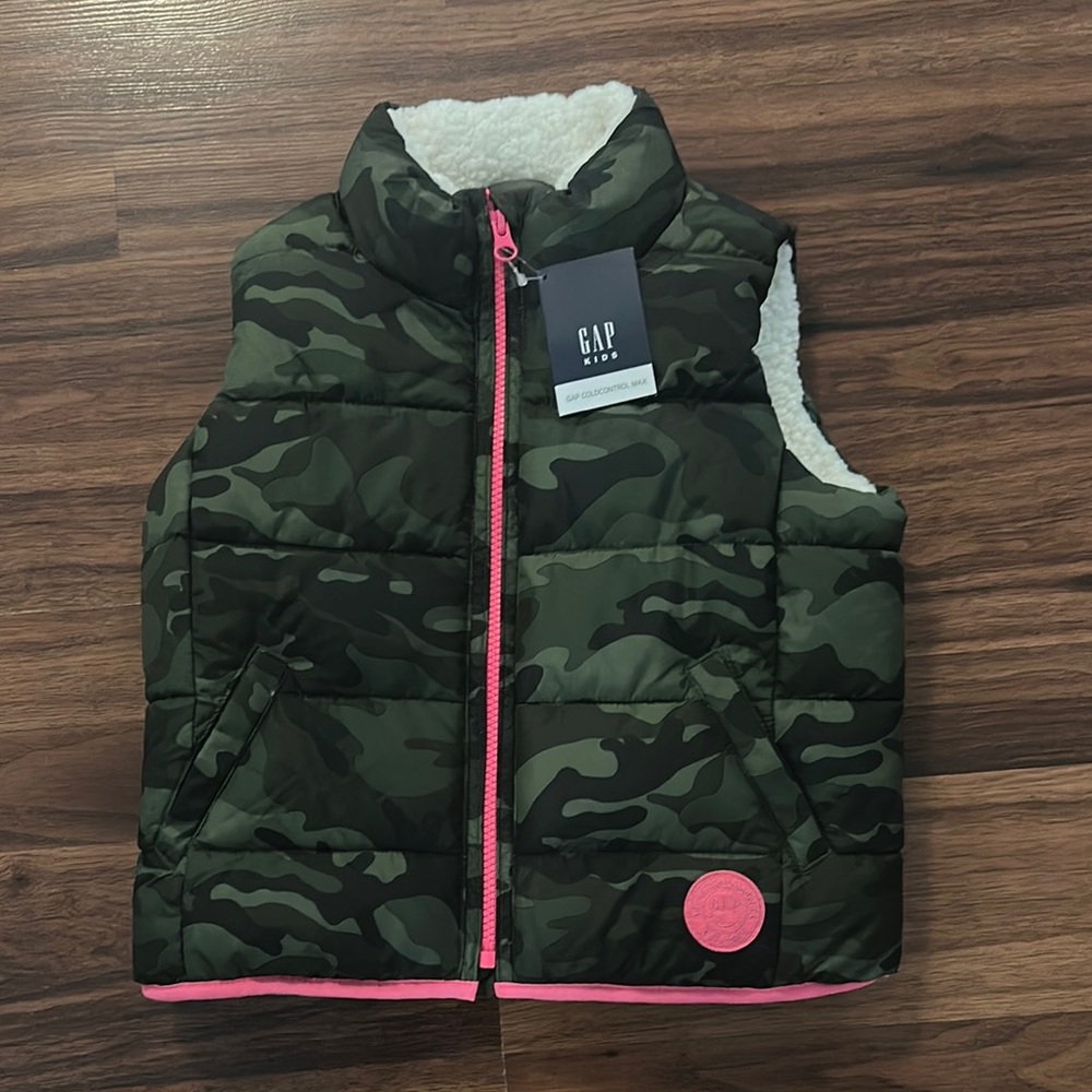 GAP Green and Pink Quilted Vest with High Collar